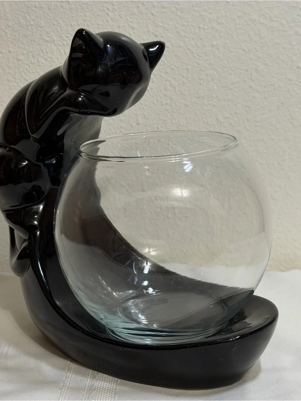 Mid Century Modern Ceramic Black Cat Staring Into Fish Bowl